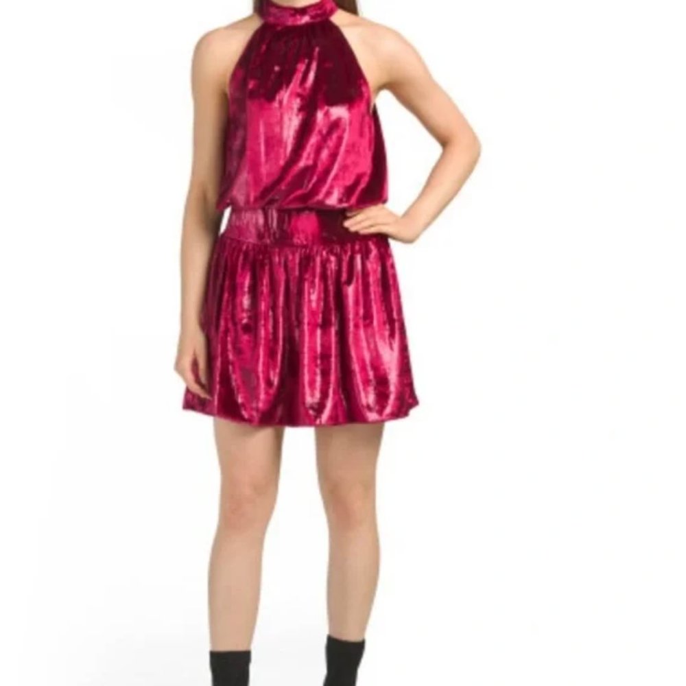 NEW Ramy Brook Ellin Shimmer Velvet Halter Mini Cocktail Dress Wine Red Size S